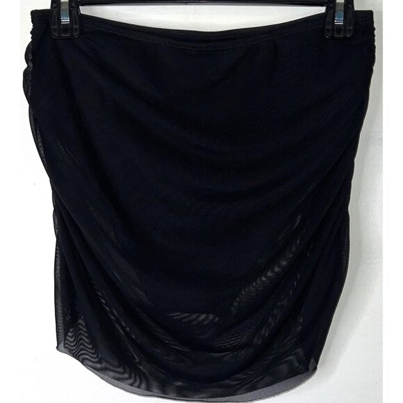 Black Sheer Ruched Swim Skirt Cover-Up With Attached Bikini Bottom - Picture 2 of 4